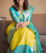 Rama yellow silk blend banarasi saree with unstitched blouse piece