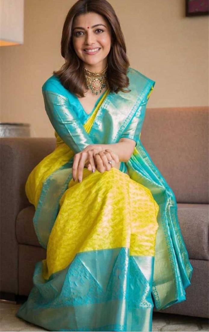 Rama yellow soft silk blend banarasi jacuard work designer party wear saree with unstitched blouse piece