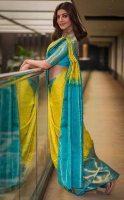 Rama yellow silk blend banarasi saree with unstitched blouse piece 2