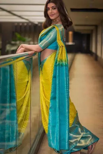 Rama yellow silk blend banarasi saree with unstitched blouse piece