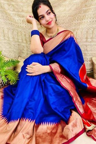 Blue white soft silk blend banarasi jacuard work designer party wear saree with unstitched blouse piece