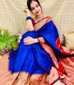 Blue white silk blend banarasi saree with unstitched blouse piece