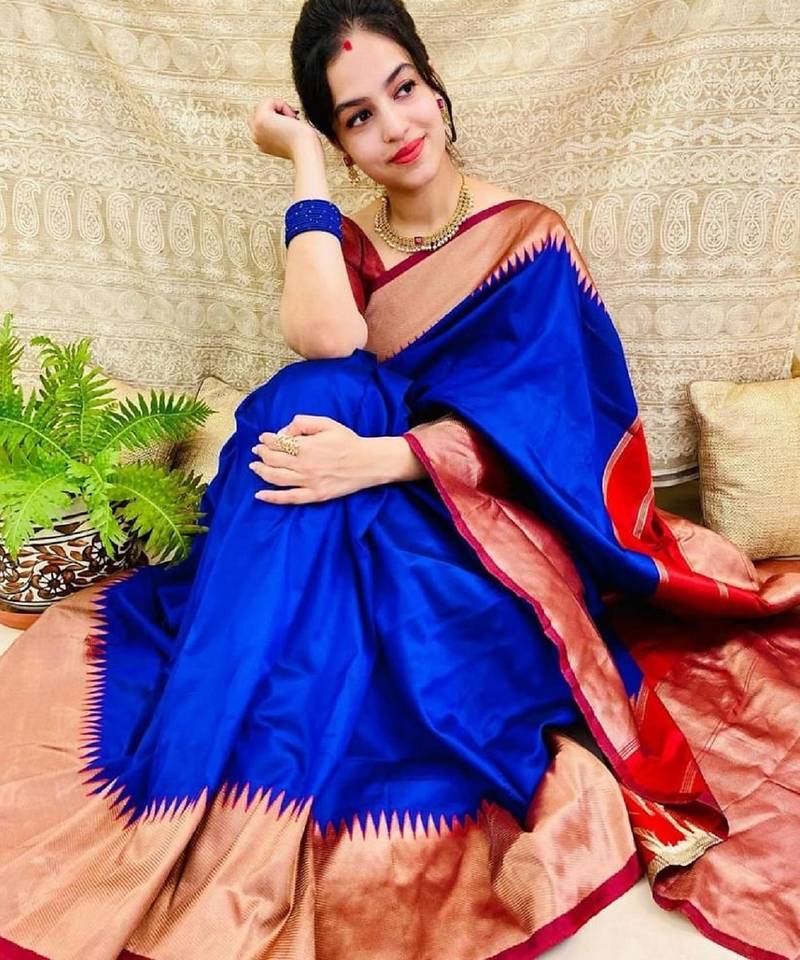 Blue white soft silk blend banarasi jacuard work designer party wear saree with unstitched blouse piece