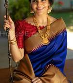 Blue white silk blend banarasi saree with unstitched blouse piece