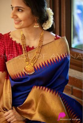 Blue white silk blend banarasi saree with unstitched blouse piece 2