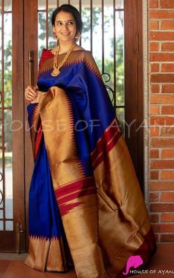 Blue white silk blend banarasi saree with unstitched blouse piece 3
