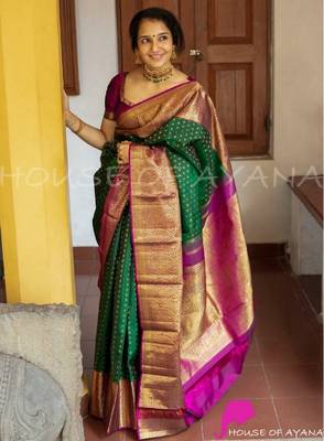 Green pink silk blend banarasi saree with unstitched blouse piece 1