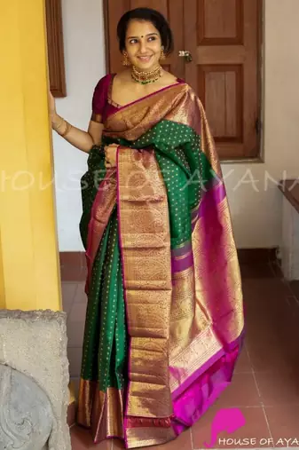 Green pink soft silk blend banarasi jacuard work designer party wear saree with unstitched blouse piece
