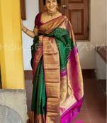 Green pink silk blend banarasi saree with unstitched blouse piece