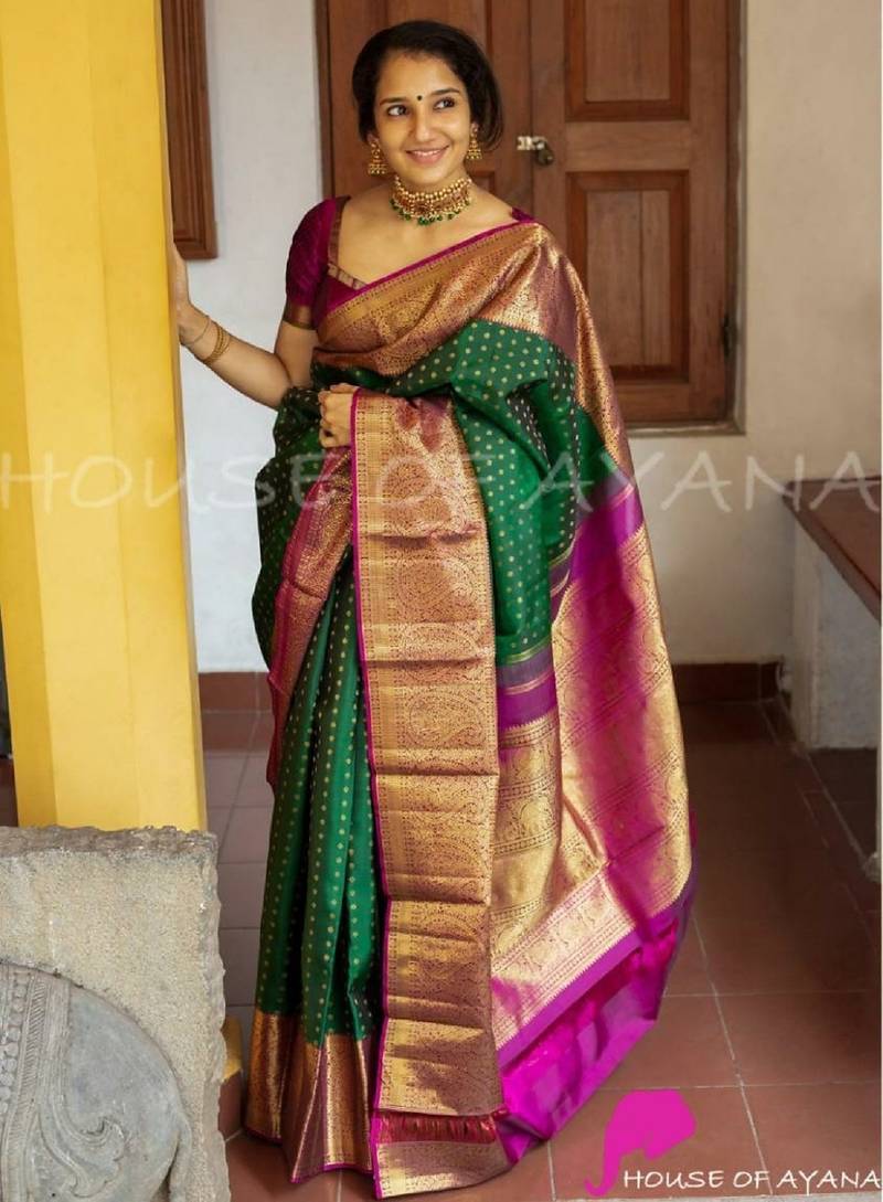 Green pink soft silk blend banarasi jacuard work designer party wear saree with unstitched blouse piece