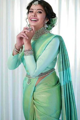 Sea green soft silk blend banarasi jacuard work designer party wear saree with unstitched blouse piece