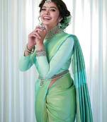 Sea green silk blend banarasi saree with unstitched blouse piece