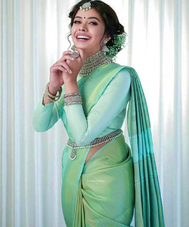 Sea green soft silk blend banarasi jacuard work designer party wear saree with unstitched blouse piece