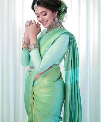Sea green silk blend banarasi saree with unstitched blouse piece 2