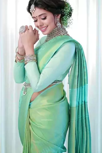 Sea green silk blend banarasi saree with unstitched blouse piece