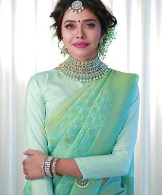 Sea green silk blend banarasi saree with unstitched blouse piece 3