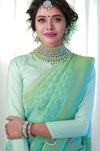 Sea green silk blend banarasi saree with unstitched blouse piece