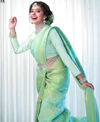Sea green silk blend banarasi saree with unstitched blouse piece 4