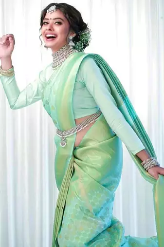 Sea green silk blend banarasi saree with unstitched blouse piece