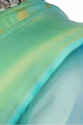 Sea green silk blend banarasi saree with unstitched blouse piece