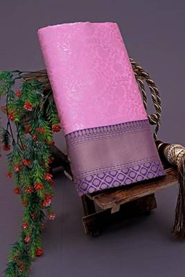 Pink blue silk blend banarasi saree with unstitched blouse piece 1