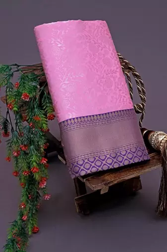 Pink blue soft silk blend banarasi jacuard work designer party wear saree with unstitched blouse piece