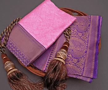 Pink blue silk blend banarasi saree with unstitched blouse piece 2