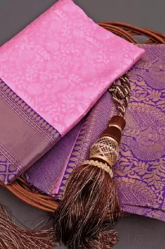 Pink blue silk blend banarasi saree with unstitched blouse piece