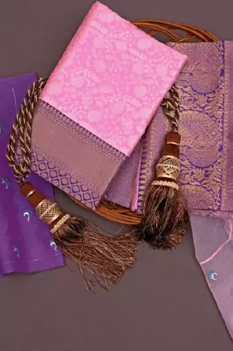 Pink blue silk blend banarasi saree with unstitched blouse piece