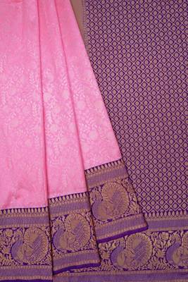 Pink blue silk blend banarasi saree with unstitched blouse piece 4
