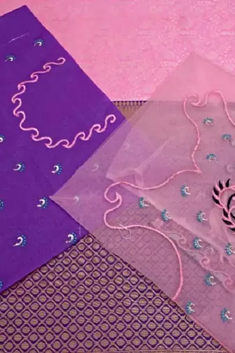 Pink blue silk blend banarasi saree with unstitched blouse piece
