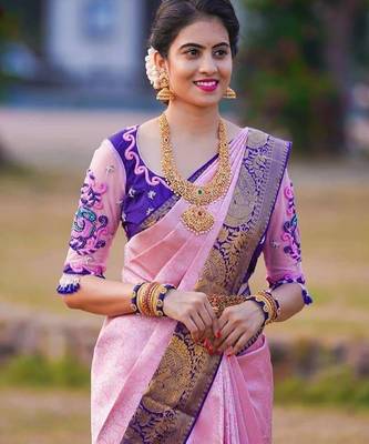 Pink blue silk blend banarasi saree with unstitched blouse piece 1