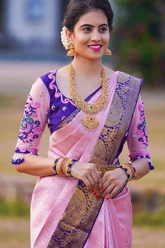 Pink blue soft silk blend banarasi jacuard work designer party wear saree with unstitched blouse piece