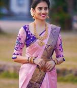 Pink blue silk blend banarasi saree with unstitched blouse piece