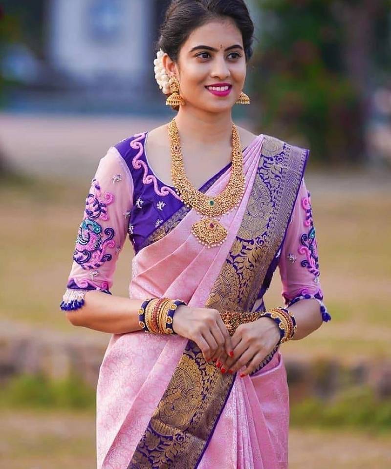 Pink blue soft silk blend banarasi jacuard work designer party wear saree with unstitched blouse piece