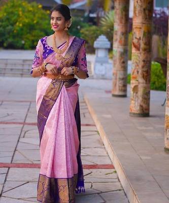 Pink blue silk blend banarasi saree with unstitched blouse piece 2