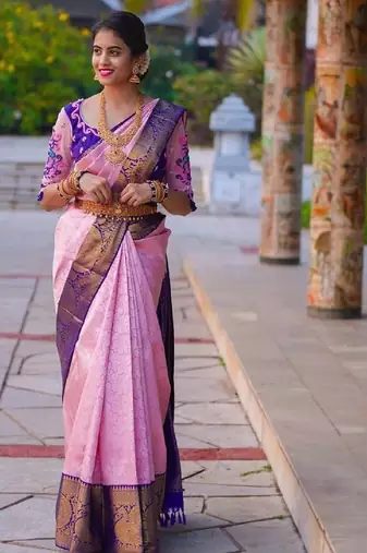 Pink blue silk blend banarasi saree with unstitched blouse piece