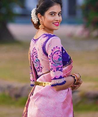 Pink blue silk blend banarasi saree with unstitched blouse piece 3