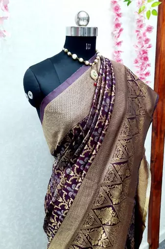 Wine soft silk blend banarasi jacuard work designer party wear saree with unstitched blouse piece