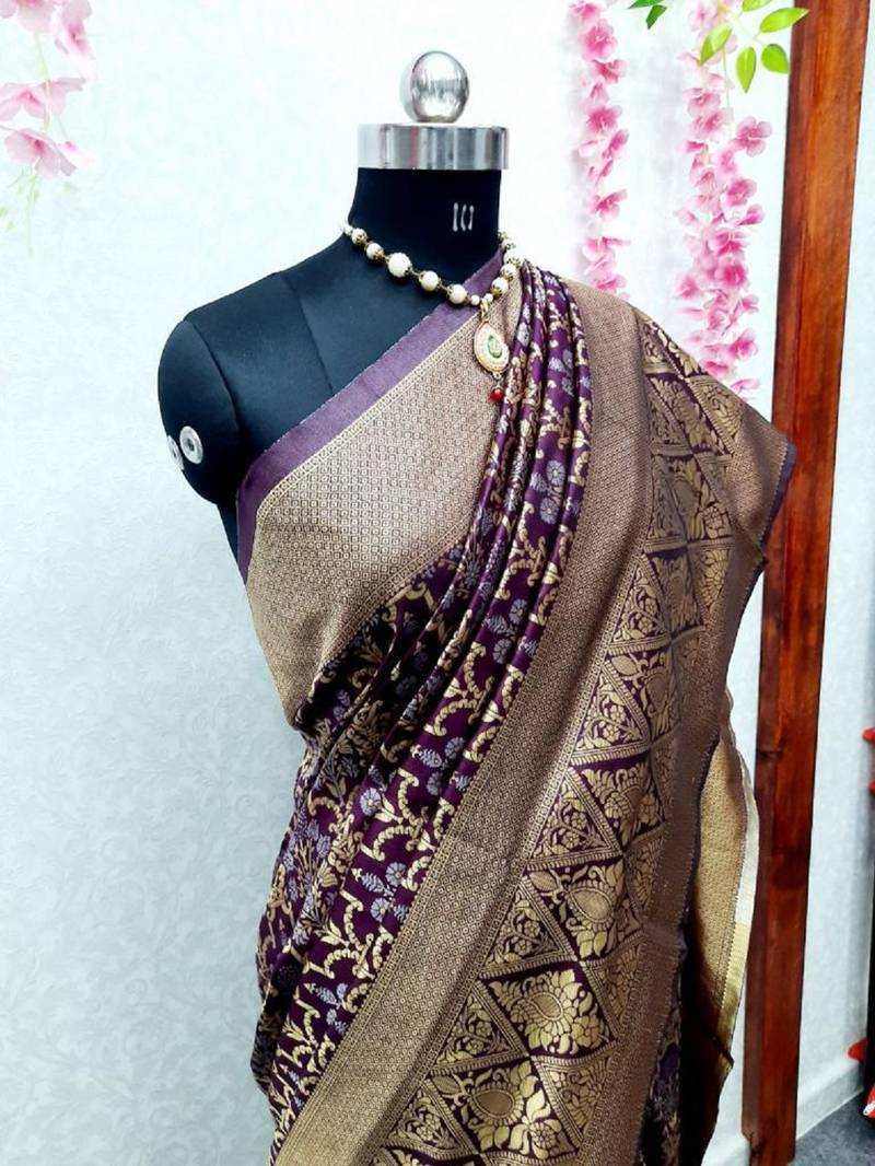 Wine soft silk blend banarasi jacuard work designer party wear saree with unstitched blouse piece