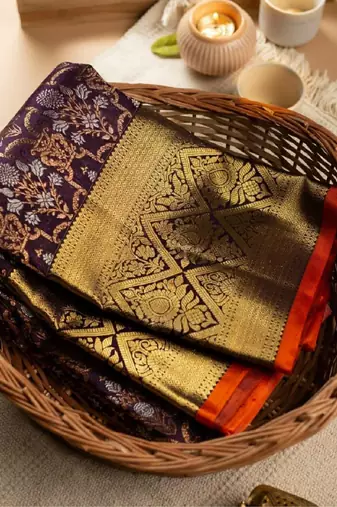 Wine silk blend banarasi saree with unstitched blouse piece