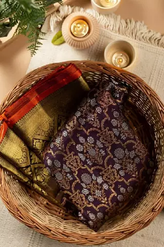 Wine silk blend banarasi saree with unstitched blouse piece