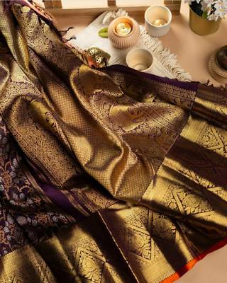 Wine silk blend banarasi saree with unstitched blouse piece 4