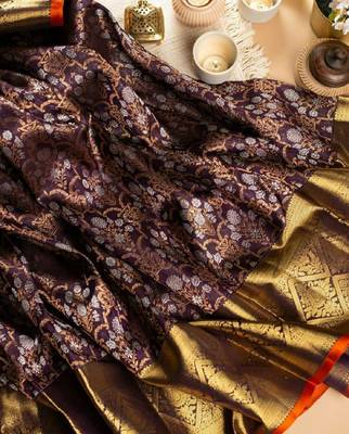 Wine silk blend banarasi saree with unstitched blouse piece 5
