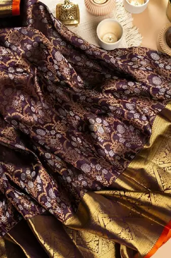 Wine silk blend banarasi saree with unstitched blouse piece