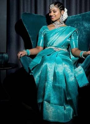 Sky blue silk blend banarasi saree with unstitched blouse piece 1