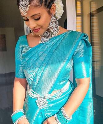 Sky blue silk blend banarasi saree with unstitched blouse piece 2