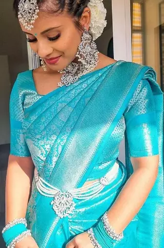 Sky blue silk blend banarasi saree with unstitched blouse piece