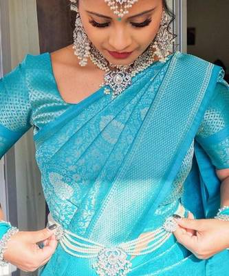 Sky blue silk blend banarasi saree with unstitched blouse piece 3