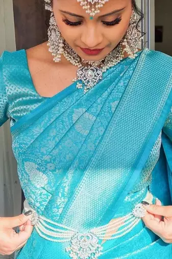 Sky blue silk blend banarasi saree with unstitched blouse piece